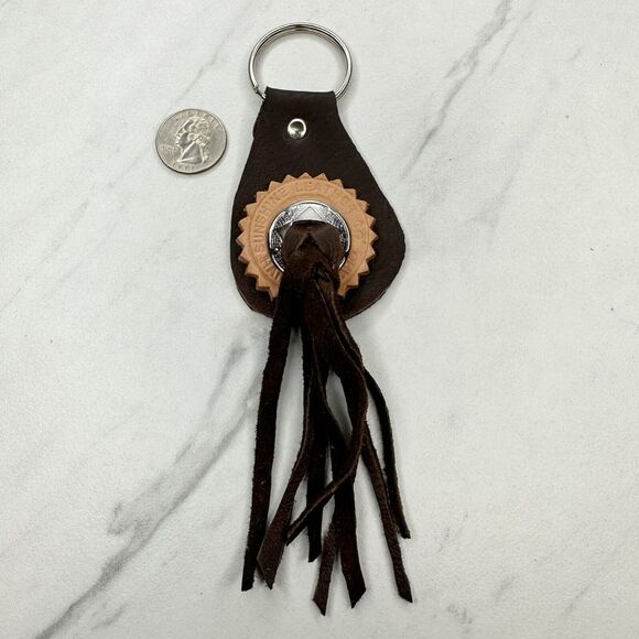 Soft Brown Leather Fringe Western Concho Boho Keychain Keyring - Picture 3 of 10